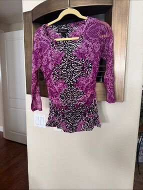 INC International Concepts Purple and Black V-Neck Patterned Long Sleeve Top